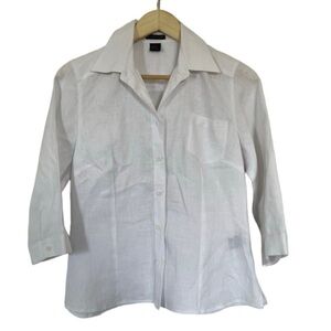 Crisp White 100% Linen Shirt Collared Blouse Preppy Coastal Fitted Old Money